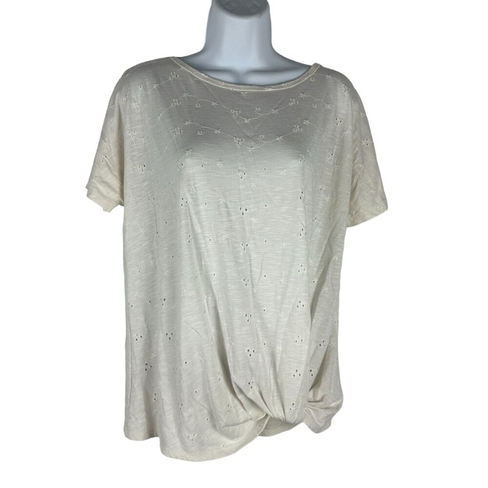 Maurices 24/7 Women's M Ivory Eyelet Detail Knot Front Short Sleeve Top